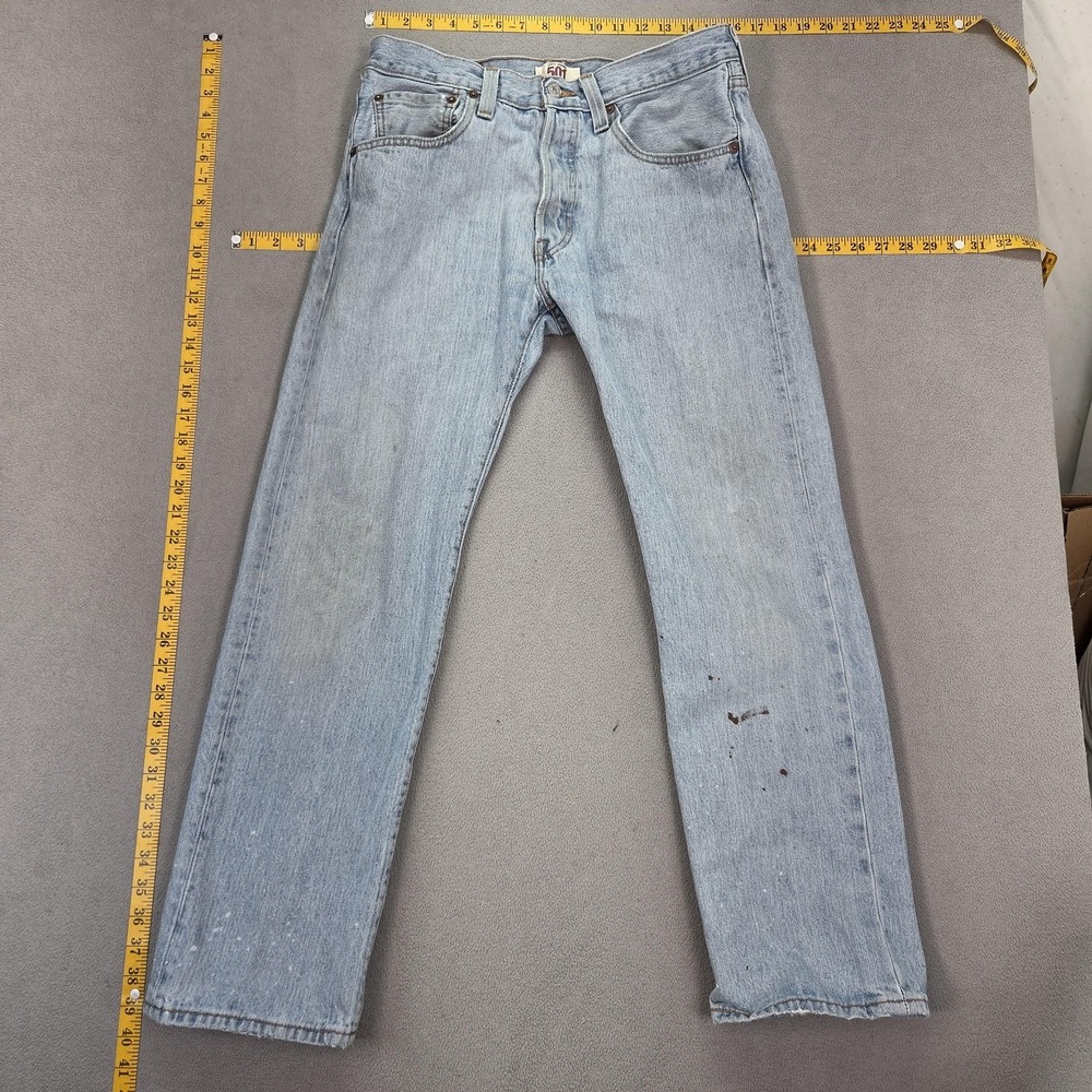 Levis 501 Jeans Mens Light Wash Blue Straight Button Paint Stained Fits 30x29